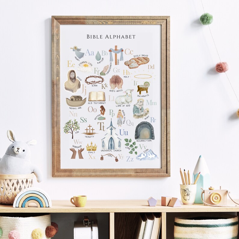 May include: A watercolor illustration of a Bible alphabet poster with images and words for each letter. The poster is framed in a brown wood frame and is hanging on a white wall.