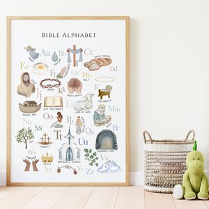 May include: A colorful alphabet chart with illustrations depicting biblical themes. Each letter is paired with a word and image, such as "A" for "Angel", "B" for "Baptism", and "C" for "Cross".