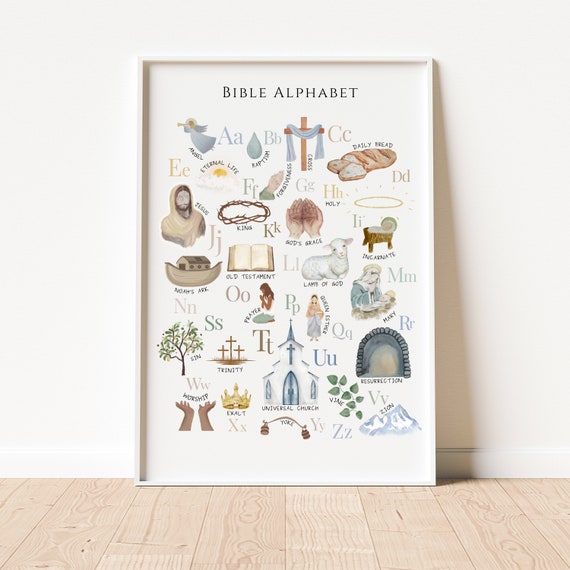 Bible Alphabet PRINTABLE Nursery Wall Art, Bible Playroom Decor, Kids Room, Christian Poster, Church Sunday School Digital Download