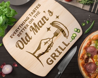 Funny Old Man Grilling Gifts | Engraved Hardwood Cutting Board | Gifts for Dads | Funny Father's Day Grill Enthusiast Birthday Gift Grandpa