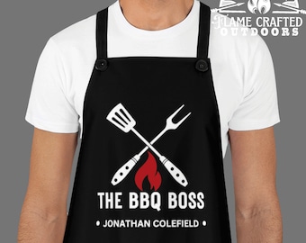 Fun BBQ Boss Personalised Apron Men | Black Twill Poly Fabric | Father's Day Gifts | Retirement Boss | Teacher Appreciation Week | Dad Gift