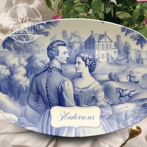 Romantic 18th-Century Custom Couple Platter | Chinoiserie Blue Design | Elegant Wedding or Anniversary Gift | Bridal Newlywed Last Name