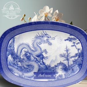 Chinoiserieschotel met draken en pagode | 10 x 14 inch kobaltblauw toiletgerei | Elegante serveerschaal of als aandenken | Moeder Tea Party Bord