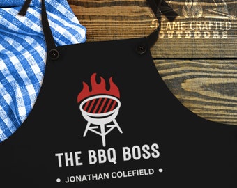 The BBQ Boss Personalized Apron for Dad | Black Poly Twill Fabric | Father's Day + Birthday Gift Him + Man | Teacher Appreciation | Boss Day