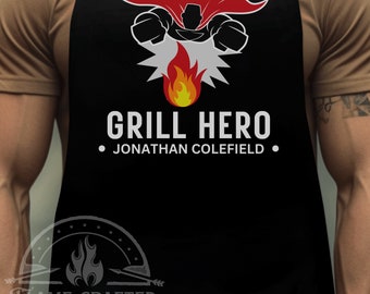 Cute Grill Hero Aprons for Men | Personalized Name Gifts | Black Poly Twill Fabric | Christmas Gift Men | Boss Housewarming Party Gift Him