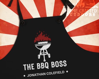 Gran regalo de BBQ Boss Apron para hombres / Personalizado con su nombre / Tela de sarga de poliéster negro / Día del Padre + Celebración de cumpleaños / Compañero de trabajo