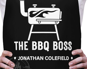 Cool The BBQ Boss Apron Gift Men | Personalized With Name | Durable Black Poly Twill Fabric | Father's Day + Birthday Gifts Man + Husband