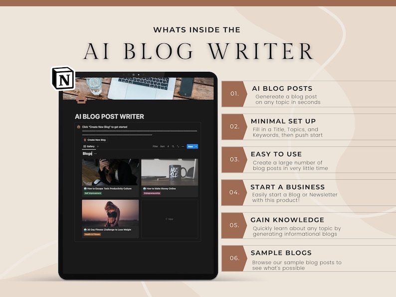 AI Blog Post Writer Notion Template Blogger template, blogger content creator, create blog posts easily with Artificial Intelligence image 1