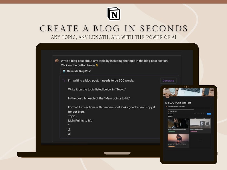 AI Blog Post Writer Notion Template Blogger template, blogger content creator, create blog posts easily with Artificial Intelligence image 3