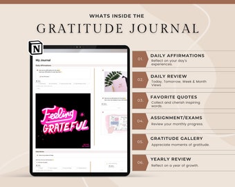 Digital Gratitude Journal Notion Template | Daily Mindfulness Planner | Wellness, Reflections