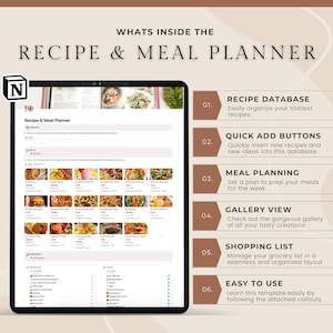 Recipe & Meal Planner Notion Template Notion meal planner, meal prep, grocery list, image 1