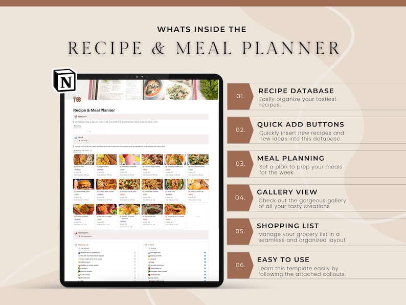 Recipe & Meal Planner Notion Template Notion meal planner, meal prep, grocery list, image 1