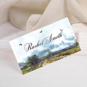 Tarjeta de lugar de paisaje, tarjeta de nombre de acuarela, tarjeta de nombre editable, tarjeta de lugar plano de configuración de mesa, tarjeta de nombre de boda