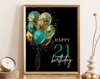 Teal Green Gold  Balloon Happy 21st Birthday Decorations, Mint Green Party Printable Signs, Happy 21st Instant Download