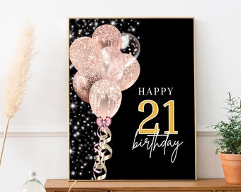 Happy 21st Birthday, 21 Party Decor, Pink Silver Black 21st Birthday Sign, 21st Birthday Sign, Printable Sign Party Decor