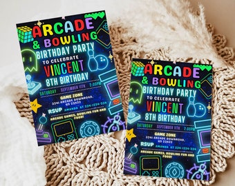 May include: Two neon-colored invitations for an arcade and bowling birthday party. The invitations feature a black background with colorful neon graphics of video game controllers, a Pac-Man ghost, bowling pins, and a bowling ball. The text on the invitations reads "Arcade & Bowling Birthday Party to Celebrate Vincent 8th Birthday" with the date and time of the party. The invitations also include the address and RSVP information.