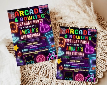 May include: A neon-colored invitation for an arcade and bowling birthday party. The invitation features a black background with a neon-colored arcade game, bowling pins, and a Pac-Man character. The text on the invitation reads "Arcade & Bowling Birthday Party to Celebrate Andrea's 8th Birthday". The invitation also includes the date, time, and location of the party.