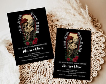 May include: Black and white invitation with a red coffin and skeletons holding red roses. The text reads "Till Death Do As Part" and "Join us for a Bridal Shower honouring Minerva Olivia".
