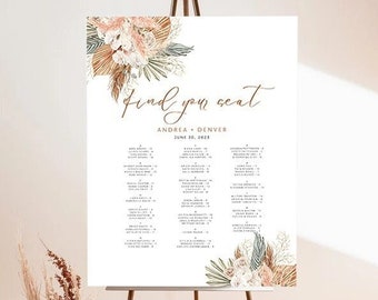 Elegante Blumen-Braun-Hochzeits-Sitzplanvorlage, Sitzplan-Hochzeit, Tisch-Sitzplan-Vorlage, Sitzplan-Bearbeitbare Vorlage