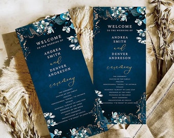 Floral Navy Wedding Program, Order of events, Navy Blue wedding Ceremony card, Printable wedding, Program template, instant download