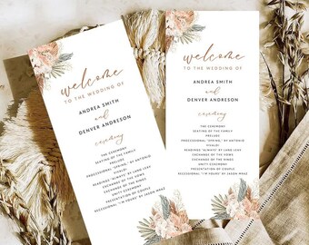 May include: A wedding ceremony program with a floral design featuring pink, peach, and green colors. The program includes the names Andrea Smith and Denver Andreson, and the ceremony details. The text "Welcome to the wedding of" is at the top of the program.