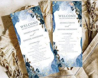 Floral Blue Wedding Program, Order of events, Floral  wedding Ceremony card, Printable wedding, Program template, instant download