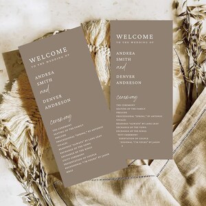 Tarjeta de ceremonia de boda minimalista beige, programa de bodas, tarjeta de programa de bodas, descarga instantánea, orden de eventos, tarjeta de ceremonia editable