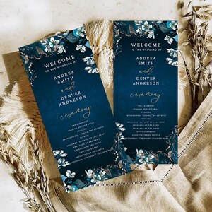Blumen-Marine-Hochzeitsprogramm, Ordnung der Ereignisse, dunkelblaue Zeremonie-Zeremonie-Karte, bedruckbare Hochzeit, Programmvorlage, sofort-Download
