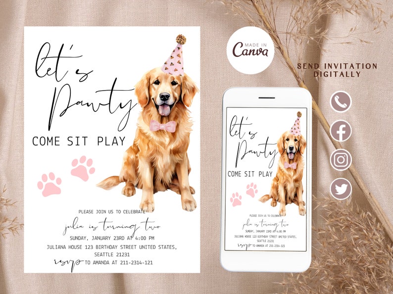 Editable Dog Birthday Party Invitation Calling All Pawty Animals Puppy ...