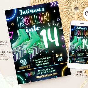 Neon Skate Party Birthday Invitation, Party Invitation, Glow Roller Skating, Retro Neon Lights, Editable Canva Template