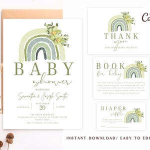 Greenery Boho, Sofort Download und einfach zu bearbeitende Canva-Vorlage, Regenbogen-Babyparty-Einladung, Greenery Boho-Regenbogen-Einladung