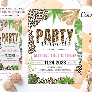 Editable Leopard Party Animals Birthday Invitation, Jungle Birthday Party, Wild One Two Wild Template Digital Download