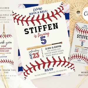 Baseball birthday invitation navy blue red boy party invite Editable card design rookie of the year sports slugger ball game