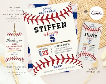 Baseball birthday invitation navy blue red boy party invite Editable card design rookie of the year sports slugger ball game