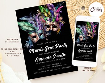 May include: Black invitation card and smartphone displaying a Mardi Gras party invitation. The invitation features a watercolor design of a mask with colorful feathers. Text includes party details and RSVP information.