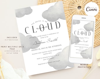 Cloud negen bruids douche, de bruid is op Cloud negen bruids douche uitnodiging, digitale download, bewerken in Canva