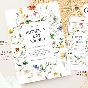 May include: Mother's Day Brunch invitation with floral watercolor design. The invitation includes the text "Mother's Day Brunch" and event details. A mobile invitation is also shown. The design is surrounded by colorful flowers.