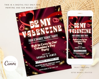May include: A digital invitation for a Valentine's Day party with the text "Be My Valentine" in a retro font. The invitation features a red and gold design with hearts and confetti. The text also includes the party details: "Fall In Love In Our Valentine's Day Party", hosted by Andrea & James, on February 14th, 2024 at 8 PM. The location is Valentines Village Downstreet United States, Seattle 2341. RSVP by Izana at 233-12421-123.
