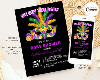 May include: A black and purple baby shower invitation with a Mardi Gras mask design. The invitation says "We Got The Baby" and includes the date, time, and location of the event. It also includes a mobile invitation option.
