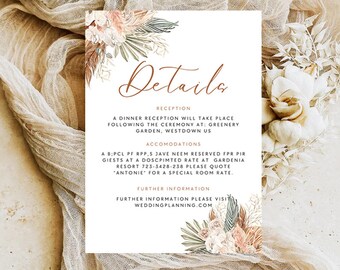 Boho Wedding Details Template, Bohemian wedding, Wedding details, Wedding info card, Instant download, Editable wedding details