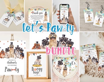 Mustache Party Birthday Bundle, Editable Dog Birthday Invitation, Dog Party Invitation Bundle, Dog bundle Printable Decor