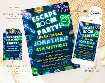 Editable Escape Room Birthday Invitation, Digital Neon invite, Mystery Break Out, Kids or Preteens, Detective party, Uncover the Mystery