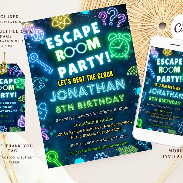 Editable Escape Room Birthday Invitation, Digital Neon invite, Mystery Break Out, Kids or Preteens, Detective party, Uncover the Mystery