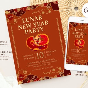 Chinese New Year Invitation template, Lunar New year invitation, printable chinese new year invites, editable chinese celebration invitation