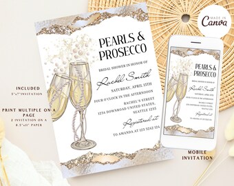 Könnte beinhalten: Eine druckbare Einladung zu einer Bridal Shower mit einem goldenen und weißen Glitzerhintergrund. Die Einladung zeigt zwei Champagnergläser mit Perlenketten und den Text "Pearls & Prosecco" in Schwarz. Die Einladung ist für eine Bridal Shower zu Ehren von Rachel Smith. Datum und Uhrzeit der Shower sind Samstag, 15. April, um 16:00 Uhr. Der Ort ist Rachel's Street, 1234 Downroad, Vereinigte Staaten, Seattle 1235. Die Einladung enthält auch den Text "Registered at" und die Kontaktinformationen für Amanda unter 123 3242 124.