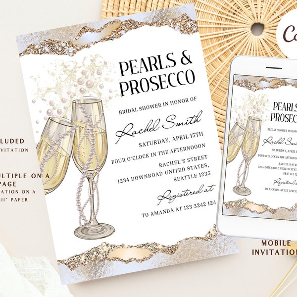 Pearls and Prosecco shower, pearls and Prosecco invitation template bridal shower invite digital bridal shower invitation