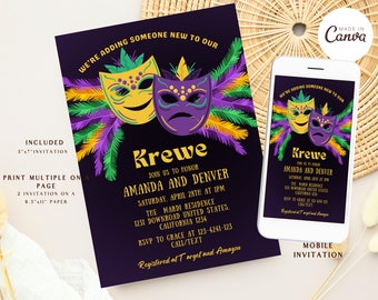 May include: Purple invitation with gold text announcing a "Krewe" party to honor Amanda and Denver. The invitation features two Mardi Gras masks, one smiling and one frowning, with green, purple, and gold feathers. The text includes the date, time, and location of the party, as well as RSVP information. The invitation also includes the text "Registered at Target and Amazon".