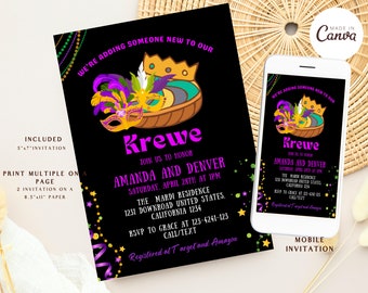 May include: A black and purple Mardi Gras themed invitation with gold glitter and stars. The invitation says "We're adding someone new to our Krewe. Join us to honor Amanda and Denver. Saturday, April 28th at 1 pm. The Mardi Residence, 1231 Downroad, United States, California 1234. RSVP to Grace at 123-4241-123. Call/Text. Registered at Target and Amazon."