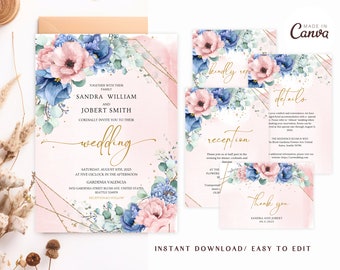 Suite de invitación de boda rosa rubor floral editable, plantilla de invitación de boda, invitaciones de boda imprimibles, descarga instantánea