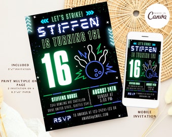 Editable Bowling Party Invitation Bowling Birthday Invitation Boy Bowling Boy Bowling Invite Let's Strike Fun Pins Editable Instant Download